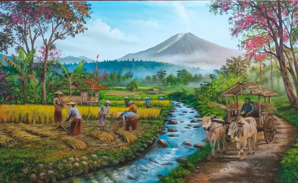 Lukisan kanvas ilustrasi pemandangan panen raya