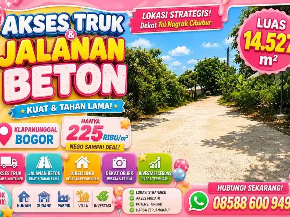 Jual Tanah Strategis di Klapanunggal Bogor – Dekat Sentul,  di bawah 300 Ribu per m2, Akses Mudah ke Cibubur & Tol Cileungsi