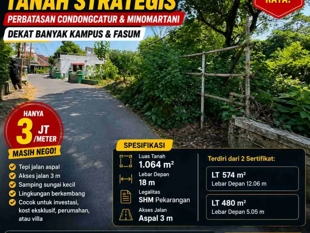Dijual Tanah Strategis 1.064 m² Perbatasan Condongcatur & Minomartani Dekat Kampus Harga Rp3 Juta/m²