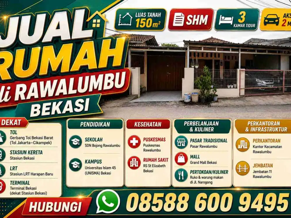 Jual Rumah dii Rawalumbu Bekasi, Dekat Tol ke Jakarta, SHM, Strategis, Akses 2 Mobil, Carport, Nego