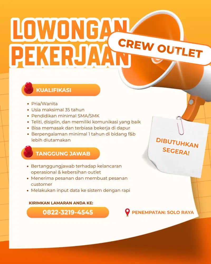 LOWONGAN PEKERJAAN CREW OUTLET COLOMADU, SOLO