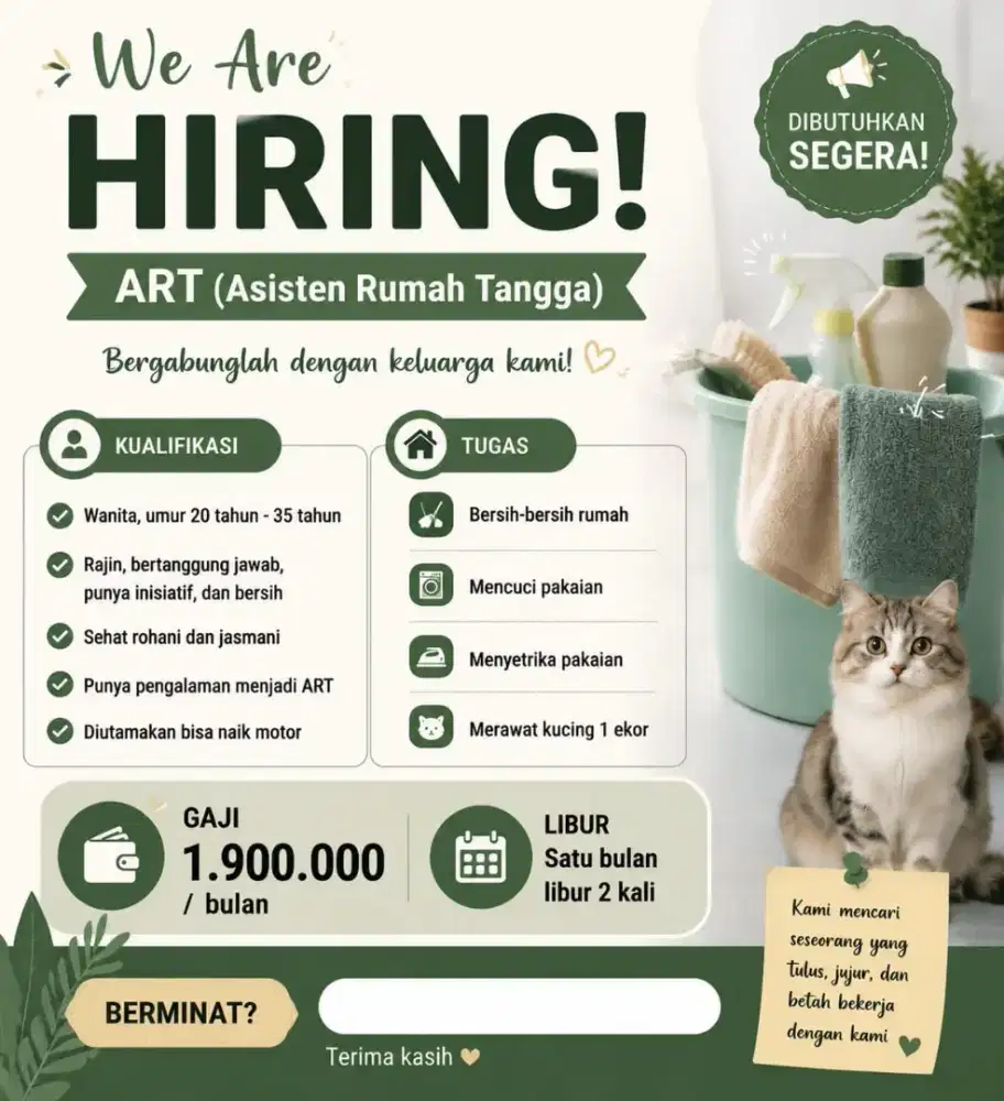 LOWONGAN ASISTEN RUMAH TANGGA ART