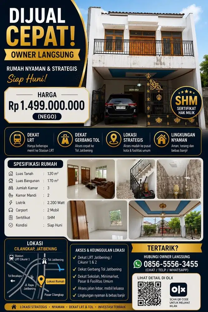Dijual cepat rumah SHM 1,350 M owner langsung deket LRT dan Tol