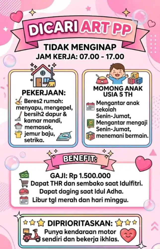 Dibutuhkan asisten rumah tangga