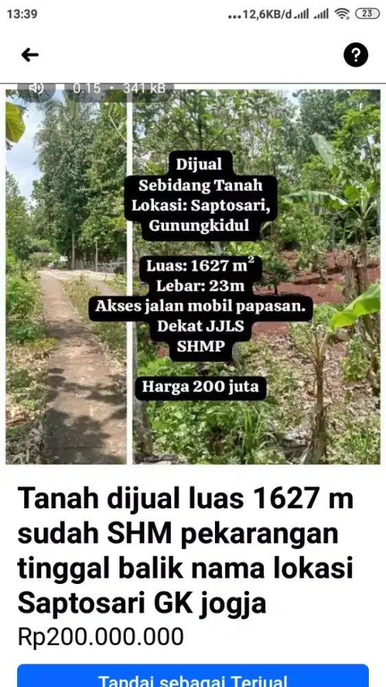 Jual tanah luas 1627meter Jetis Saptosari gunungkidul