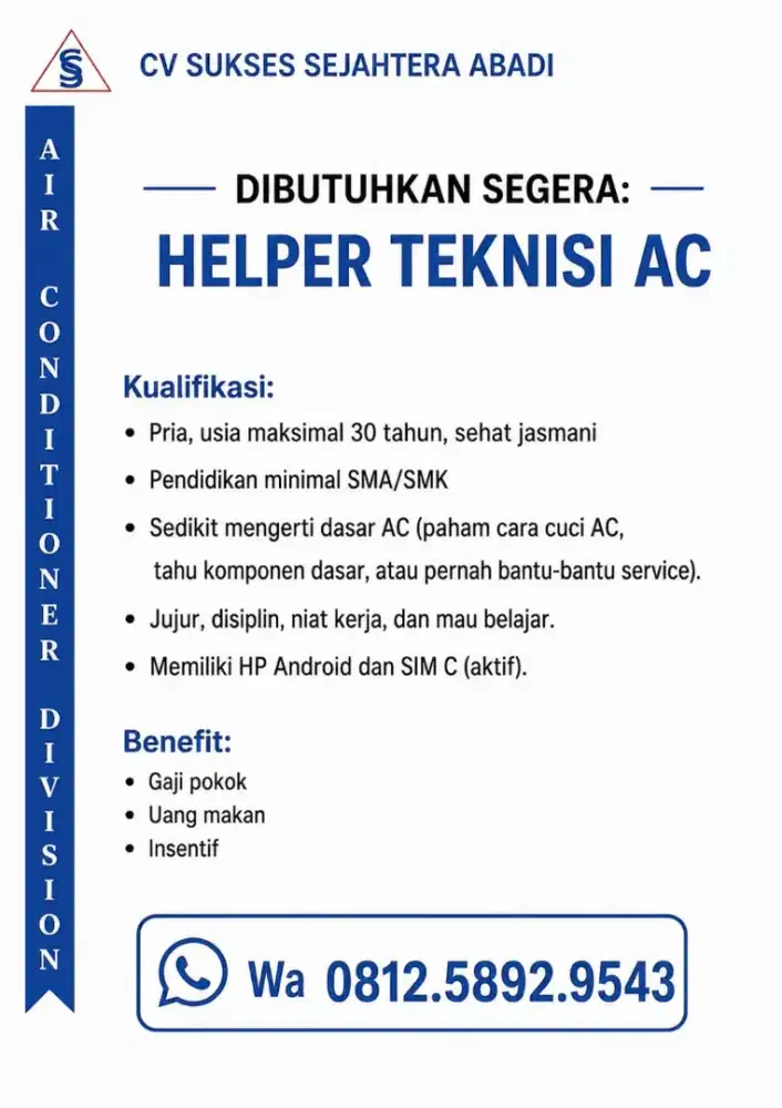 Dibutuhkan Helper teknisi AC