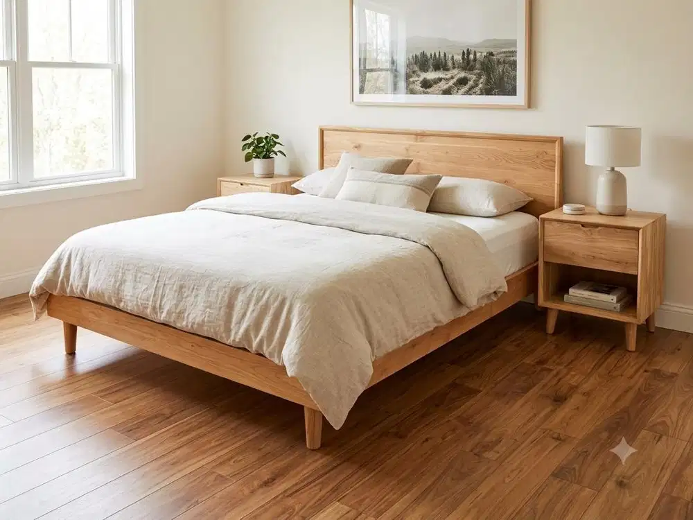 Tempat tidur minimalis dan meja nakas