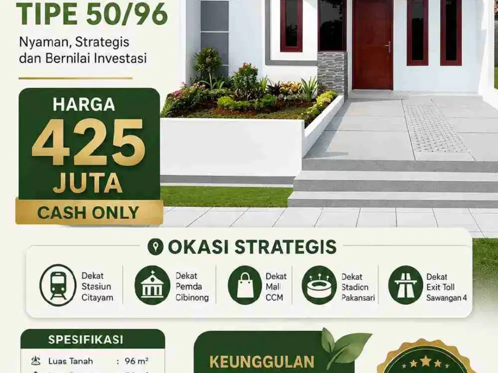 Rumah Mewah Tugu Macan Citayam Ready Stok 50/96 Harga 425 juta cash.