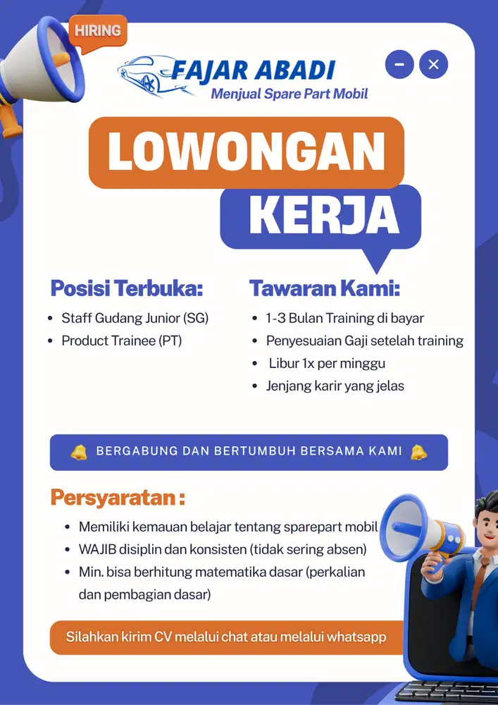 Dibutuhkan Staff Gudang dan Product Trainee
