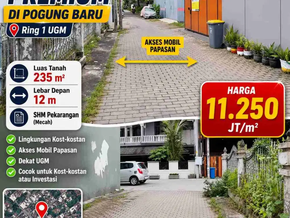 Tanah Premium Pogung Baru Ring 1 UGM, LT 235 m² SHM Pekarangan Cocok Kost