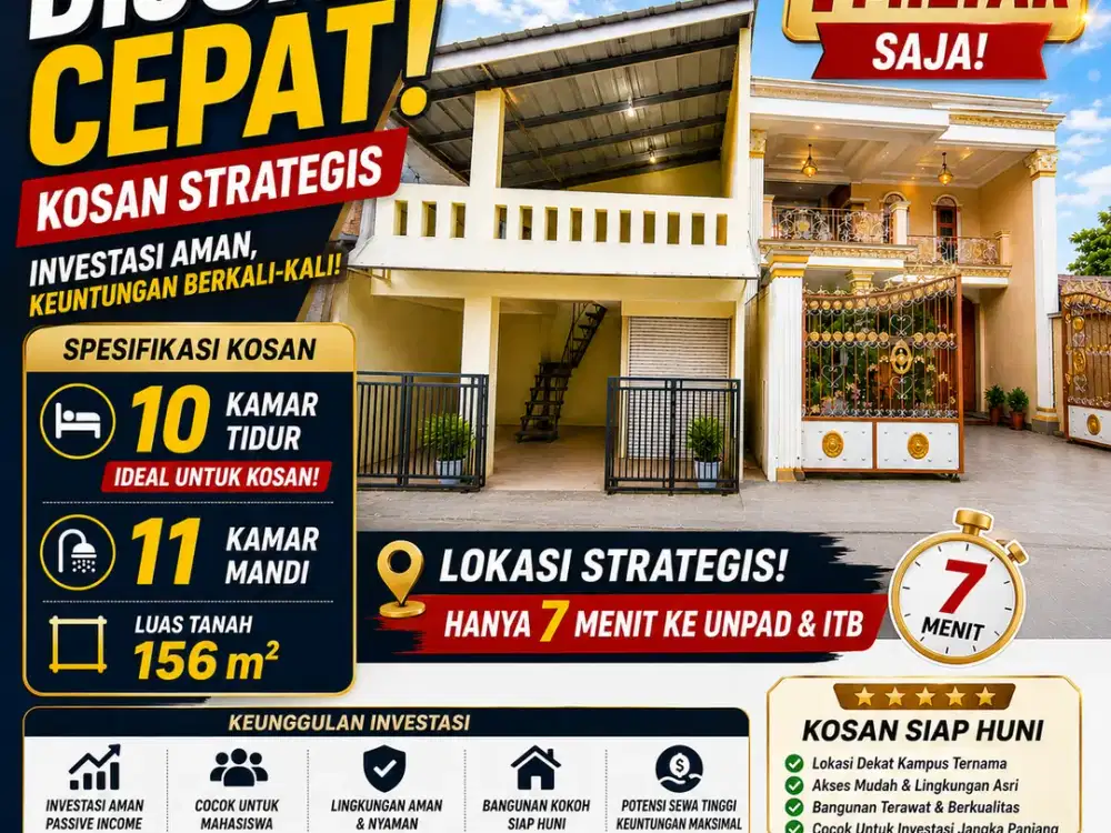 Jual Kosan Jatinangor 10 Kamar Tidur, Kamar Mandi Dalam Lokasi Pinggir Jalan Harga Hanya 1 Milyar