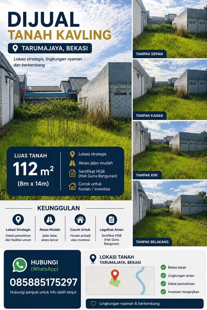 Dijual Tanah 112 m² Tarumajaya Bekasi, Cocok Rumah & Investasi