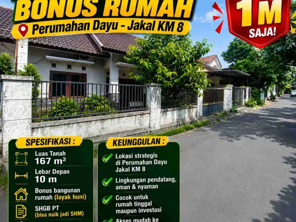 BU! Rumah Bonus Tanah Luas Dayu Jakal KM 8 Sleman, Harga Rp1 M SHGB Bisa SHM