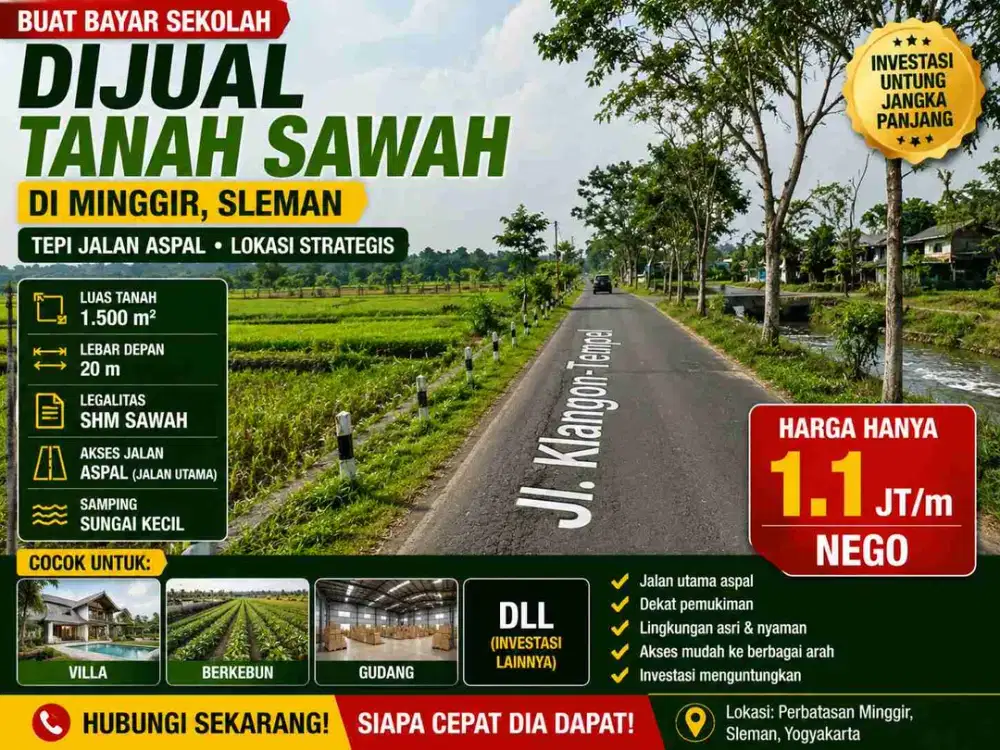 Tanah Strategis Tepi Jalan Aspal di Minggir Sleman | LT 1.500 m² | SHM | Hanya Rp1,1 Juta/m²