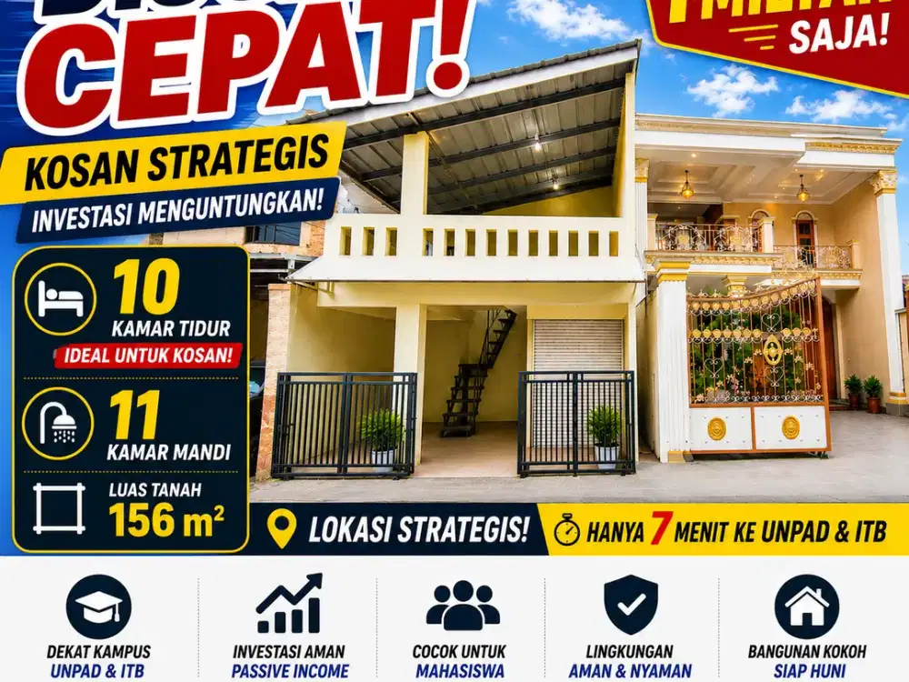 Dijual Cepat Kosan 10 Kamar Tidur Pinggir Jalan Kawasan Mahasiswa Harga 1 Milyaran