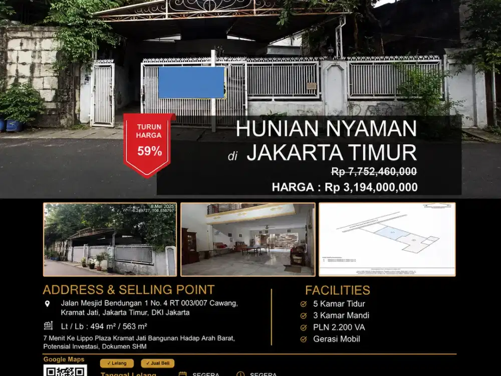 Dijual Rumah Besar di Cawang Jakarta Timur, Diburu Investor Harga Lelang Rp3,1 M, Nilai Pasar Rp7,5 M Nego!!