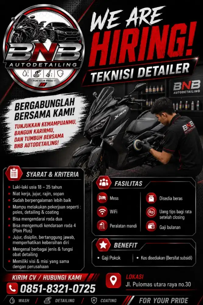 Lowongan Kerja Teknisi Detailer (Cuci,Poles, Coating, dll) - Pulomas