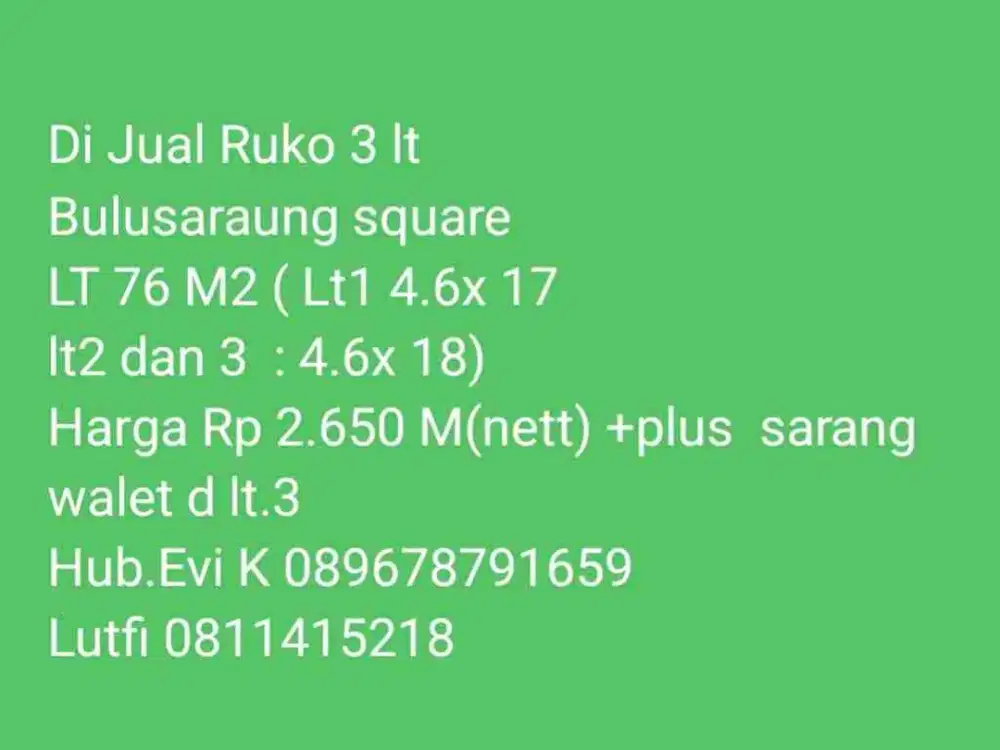 Di Jual Ruko 3 lt + Sarang burung Wallet, Bulusaraung Square