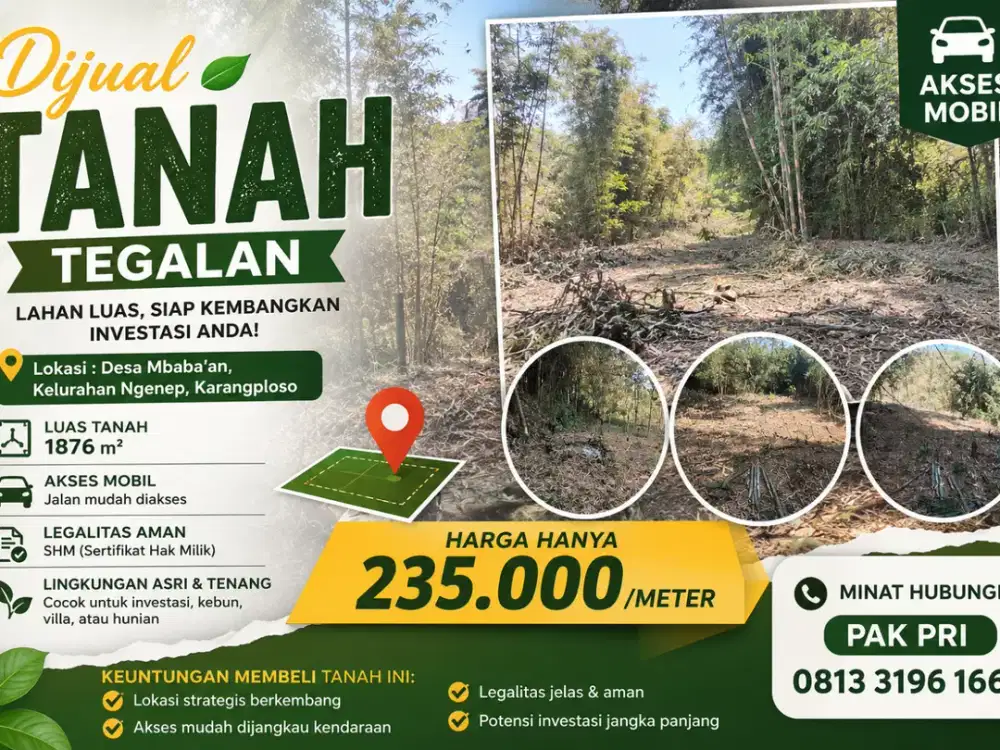 Dijual Tanah Tegalan Murah Karangploso | SHM | Akses Mobil | 1.876 m² | Rp235 Ribu/m²