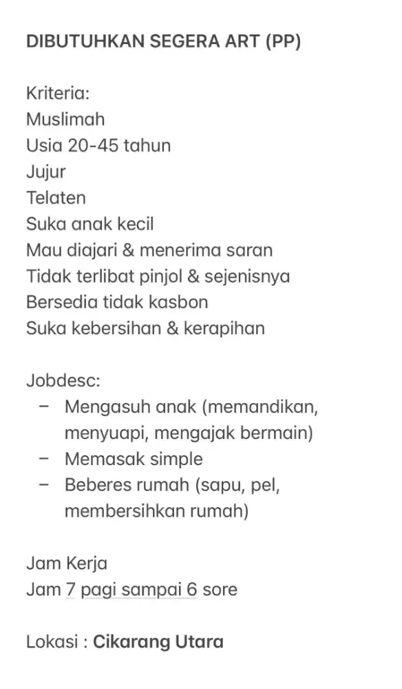 DIBUTUHKAN SEGERA ART (PP)