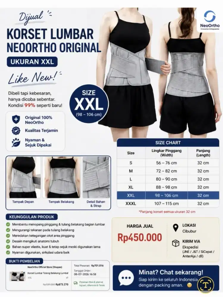 Korset Lumbar NeoOrtho Original XXL - Like New, Baru Dipakai Coba