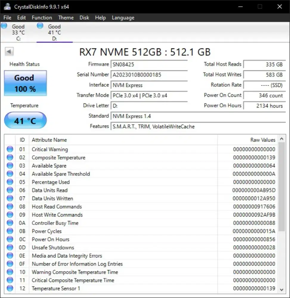 SSD NVME 512GB GOOD HEALTH 100%