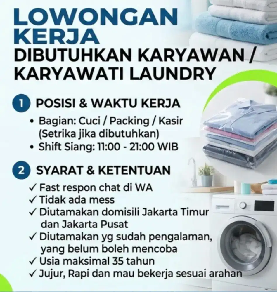 Dibutuhkan Karyawati Laundry