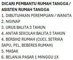 Dibutuhkan segera pembantu rumah tangga / asisten rumah tangga nginap