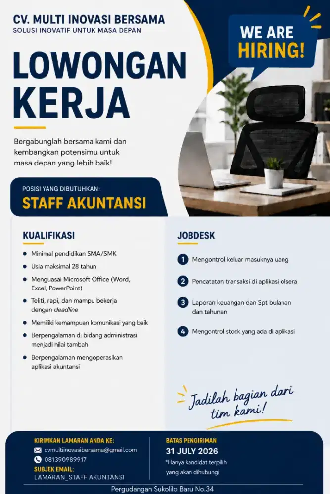 Dicari Admin finance keuangan Berpengalaman