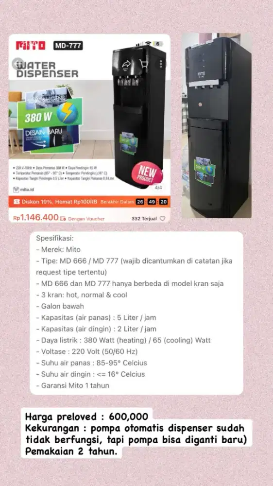 Dispenser Galon Bawah MITO MD-777 Original | Hot, Normal & Cold