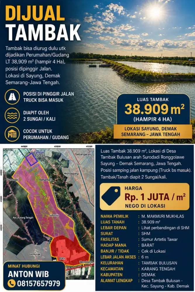 TANAH SAYUNG DEMAK LUAS 38.909m MURAH CEPAT UNTUNG DIBAWAH HARGA PASAR
