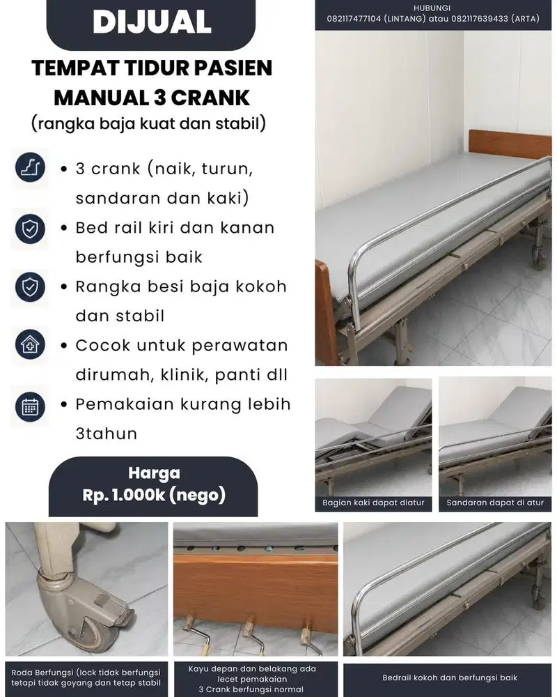 TEMPAT TIDUR PASIEN / BED PASIEN 3 CRANK MANUAL