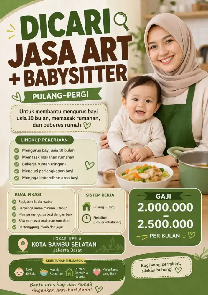 Dicari ART/Babysitter PP di daerah Kota Bambu Selatan