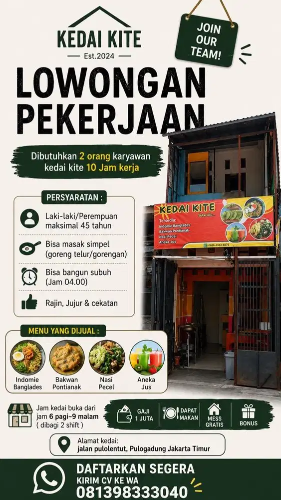 Dibutuhkan 2 orang karyawan