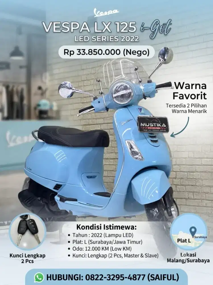 Perfect Condition!!Vespa Lx 125 Led 2022 Odo12rb Plat Jatim-Mustika