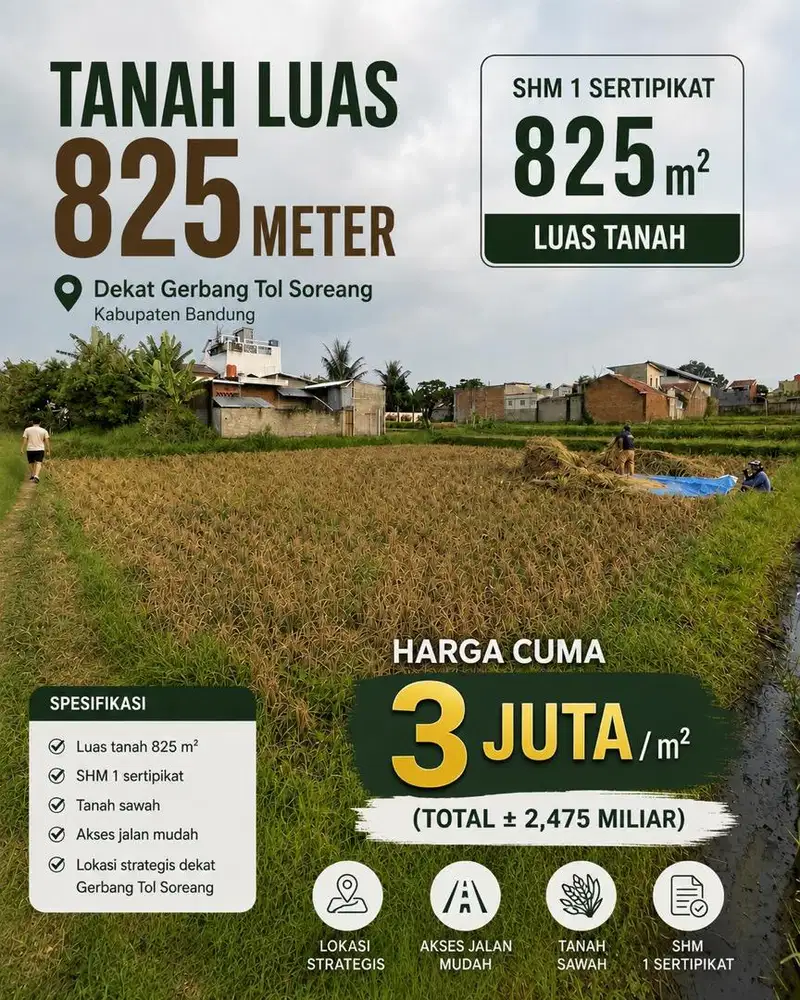 Tanah SHM 825 m² Harga Rp3 Juta/m² – Dekat Tol Soreang