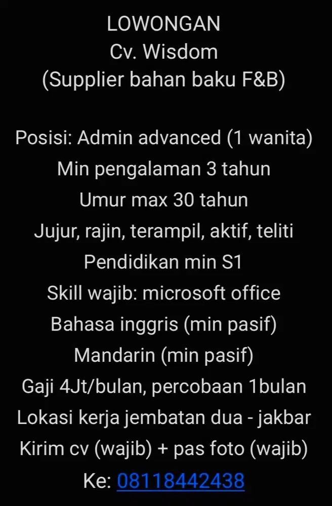 Admin berpengalaman 3 Tahun ( wanita )