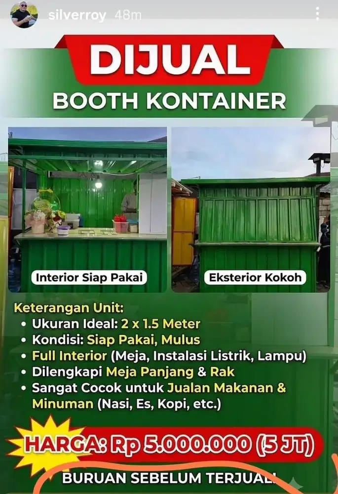 BOOTH KONTAINER JUALAN KOKOH 2 x 1.5 m full interior dan instalasi