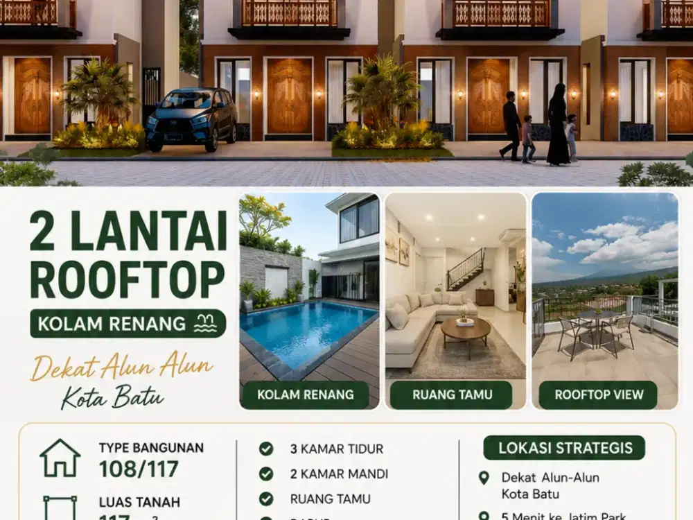 Villa Modern 2 Lantai + Rooftop Dekat Alun-Alun Kota Batu | Kolam Renang Pribadi | Type 108/117