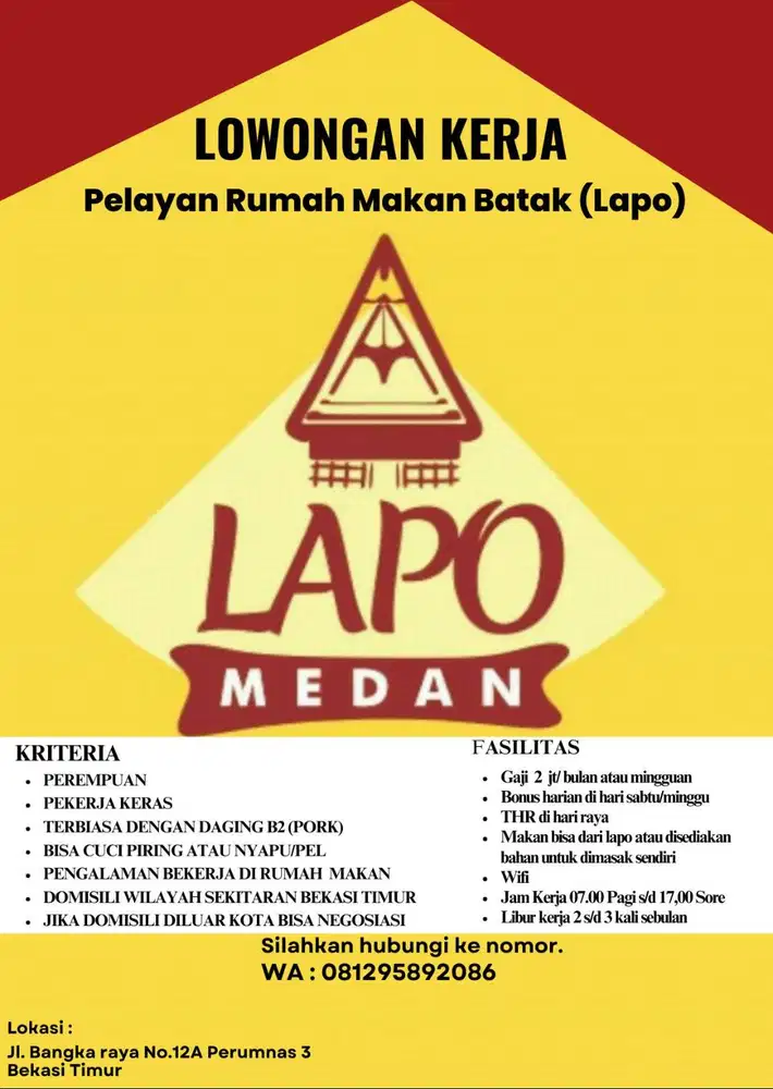 Lowongan Kerja Rumah Makan Batak (LAPO)