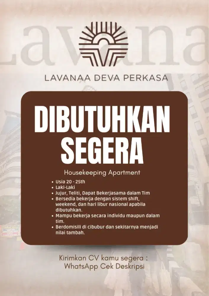 Dibutuhkan Segera Housekeeping Penempatan Cibubur