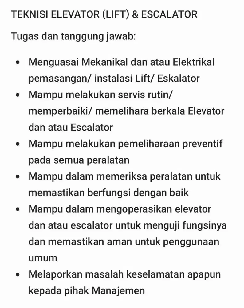 TEKNISI ELEVATOR (LIFT) & ESCALATOR
