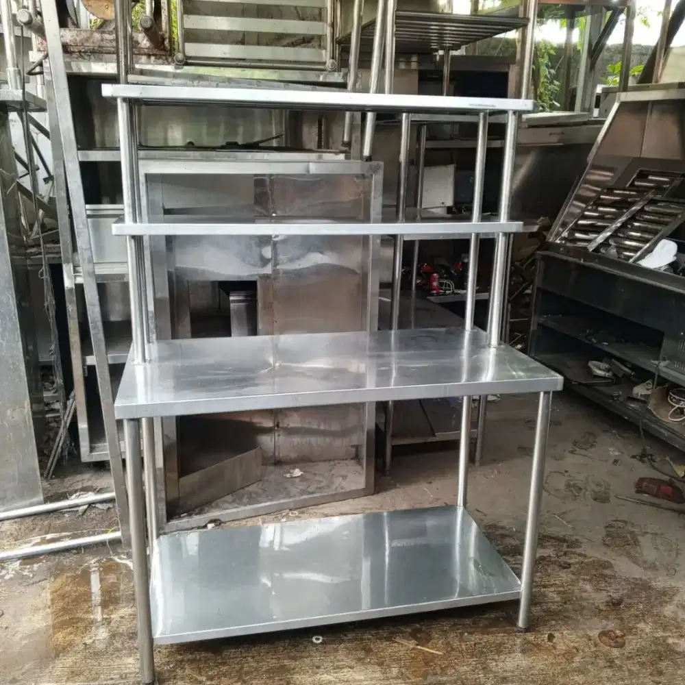 Meja Stainless 2 Susun + Upper Shelf – Kokoh & Siap Pakai
