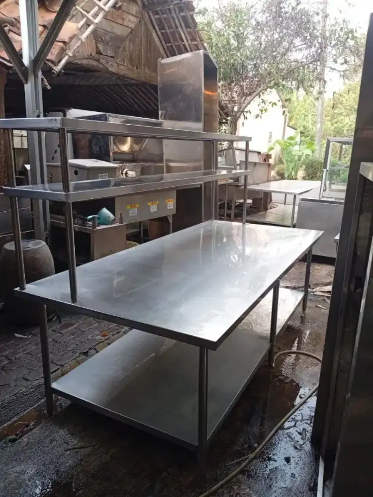 Meja Stainless 2 Susun + Upper Shelf – Extra Panjang & Kokoh
