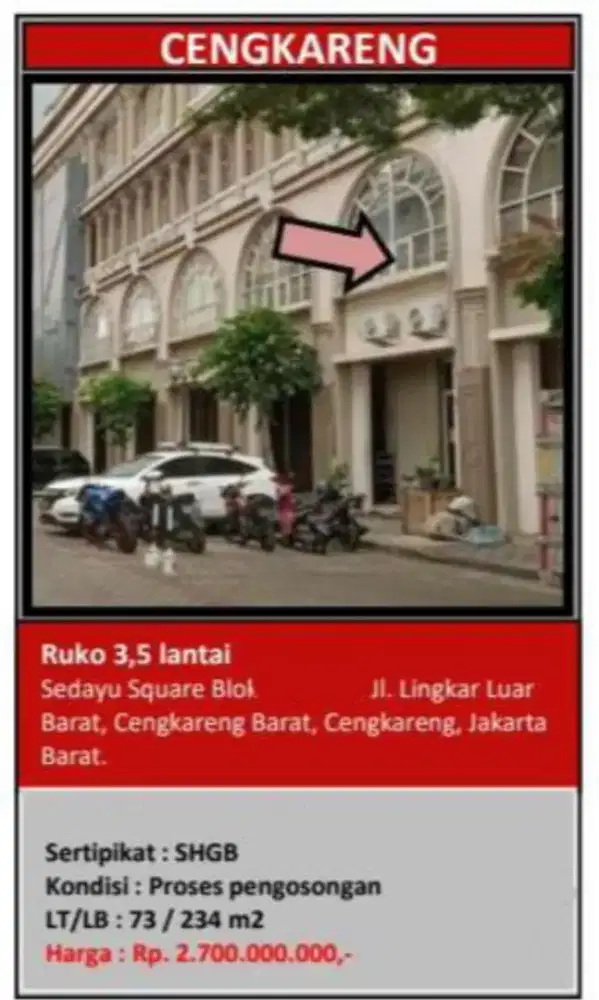 Dijual Ruko Sedayu Square 4 Lantai Hadap Jalan