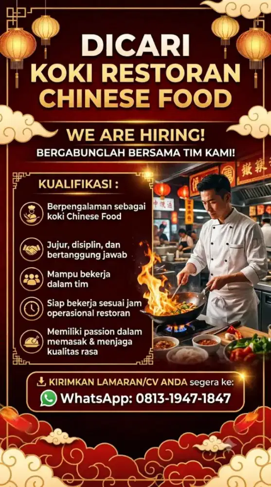 Dicari koki Chinese food yang berpengalaman
