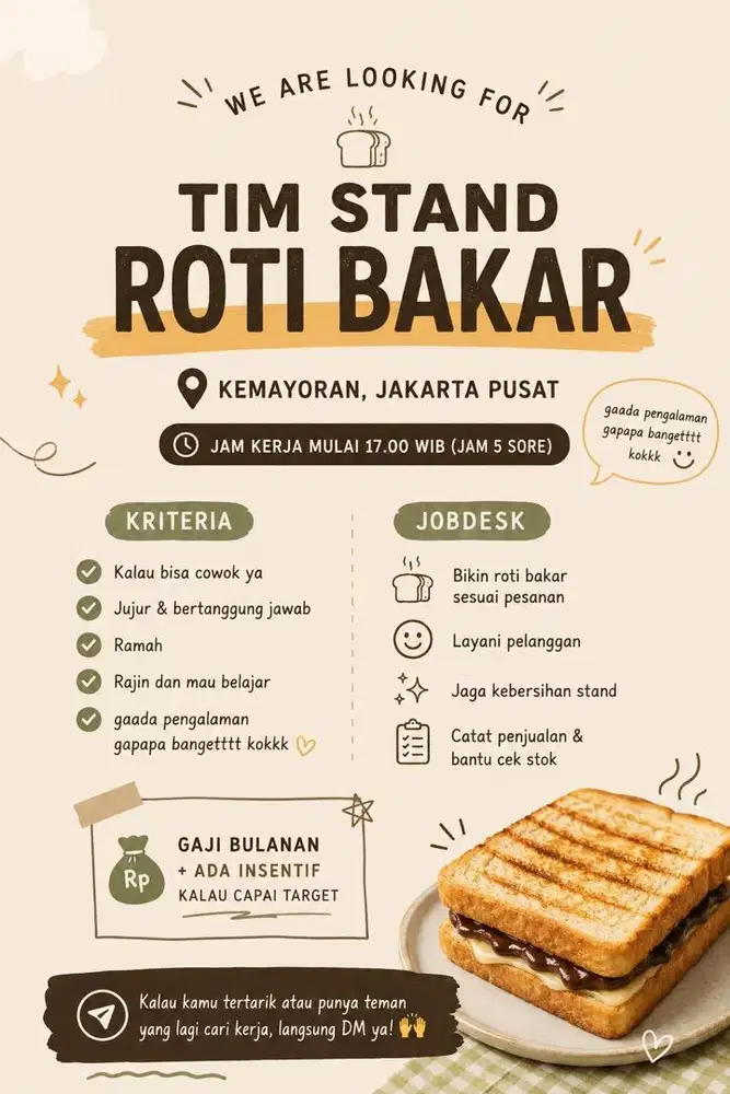 LOKER STAND ROTI BAKAR - KEMAYORAN JAKARTA PUSAT