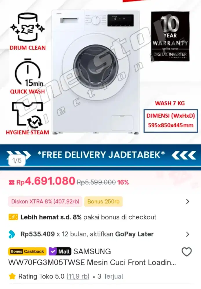 Mesin cuci front loading samsung ww70fg3m05