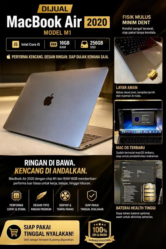 Jual Macbook Air 2020 13inch i5 Ram 16Gb SSD 256 Kondisi Bagus mulus