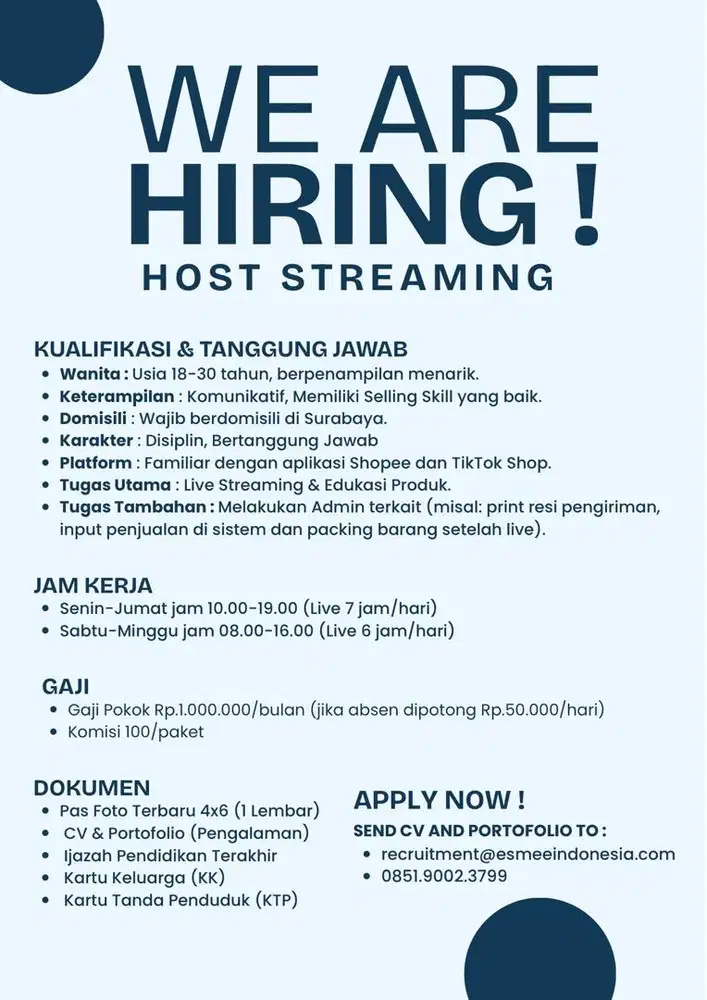 Lowongan Pekerjaan Host Streaming Wanita
